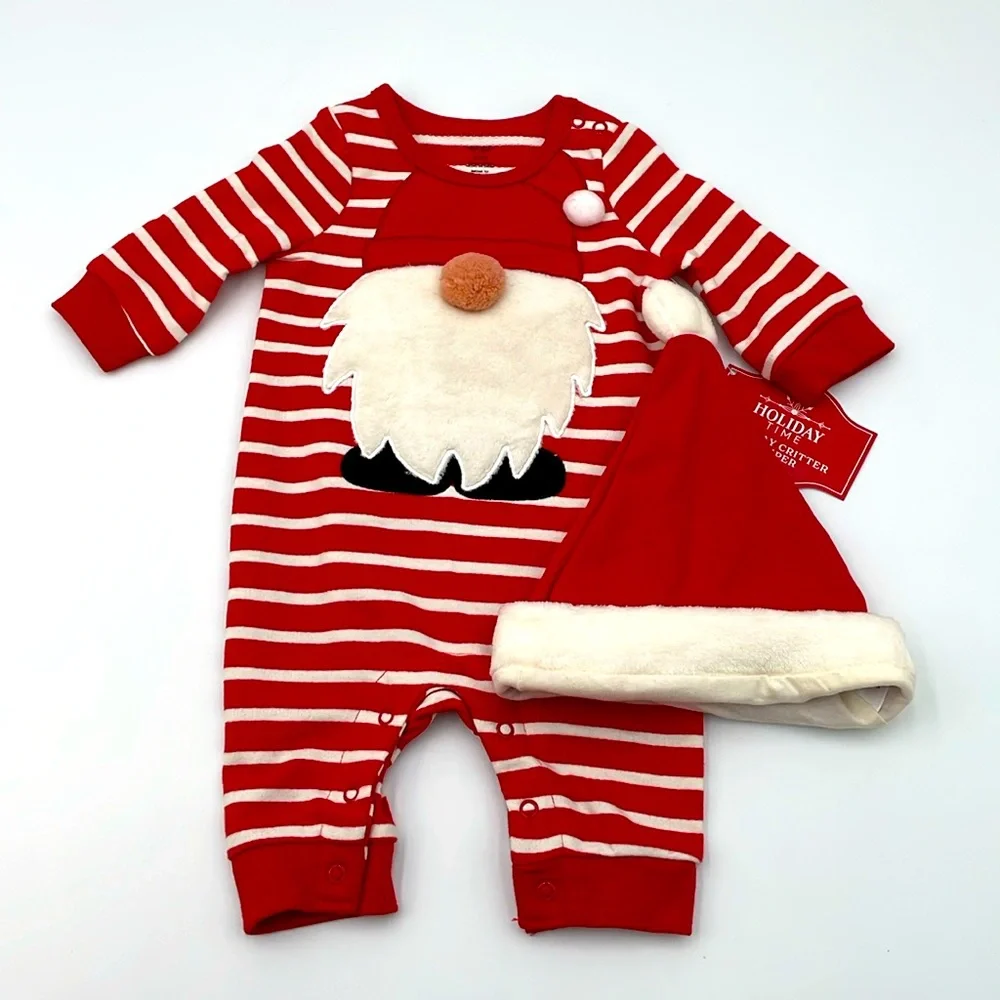 Baby Santa Gnome Onesie Romper Christmas Outfit with Santa Hat - 0-3M